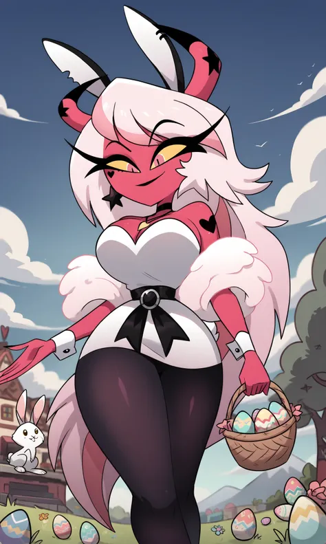 ((masterpiece, detailed image, soft skin, style_2d_chibi)), verosika(Helluva_boss), black thighs, big breasts, horns, very long hair, wings, Verosika, strapless, long hair, yellow sclera, star (symbol), tail, alone, smile, pink hair, tattoo, demon horns, c...