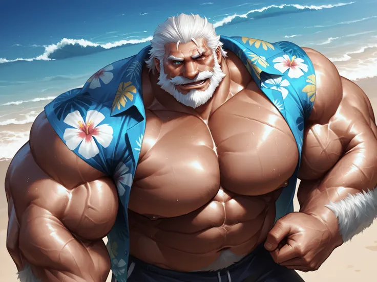 solo, huge muscular old man, beach, (reinhardt:1.2, SCAR ACROSS EYE, SCAR, BEARD, FACIAL HAIR, SCAR ON FACE, OLD MAN, WHITE HAIR, MUSTACHE), hawaiian shirt, happy, side chest, Stand slightly sideways, side angel, shirtless, very huge pectoral, shorts, deta...