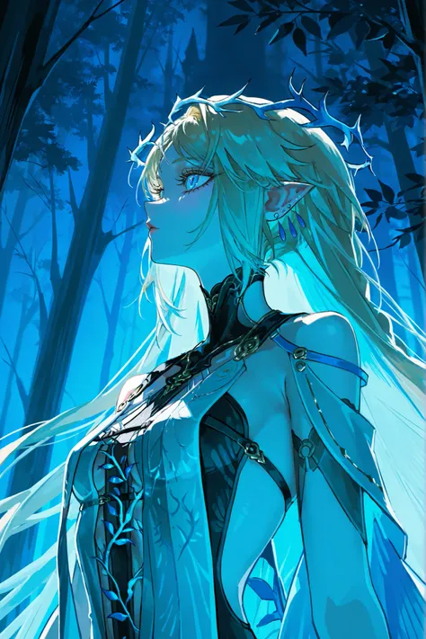cartethyia из wuthering waves, long blond hair, very big eyes, with her eyes , hands have surprisingly wide patterns, Blue eyes , Glass retina,  sharp ears, droplet earrings, Cartethyia Outfit from Wuthering Waves,  big plump lips,  rosy cheeks, turns red ...