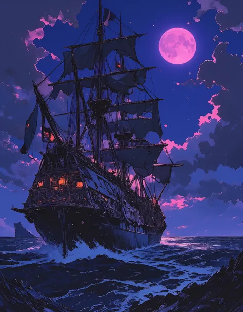 The style of Samuel Peploe and Posuki Demizu. A cinematic and vivid illustration of a formidable and majestic pirate ship sailing under an impressive night sky. The ship is shrouded in darkness, decorated with a skull and crossbones flag, and enjoys an imp...