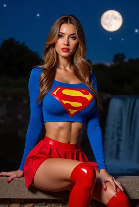 Create a masterpiece sexy portfolio with an image of Corey Chase (with long hair) dressed in a 1980's Supergirl costume that fits tightly to her body as if glued. The superman logo on her chest has stretch marks on the fabric due to the size of her breasts...