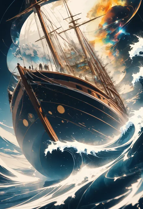 A Voyage to Space, We sail into aesthetic space on an old, beautiful sailboat, with minimal equipment, Absurd Wave Splashes Generating from a Boathead、We set sail on a cosmic high sea called art, ARW, 
BREAK ((Multiple Exposure, I will keep records in my d...
