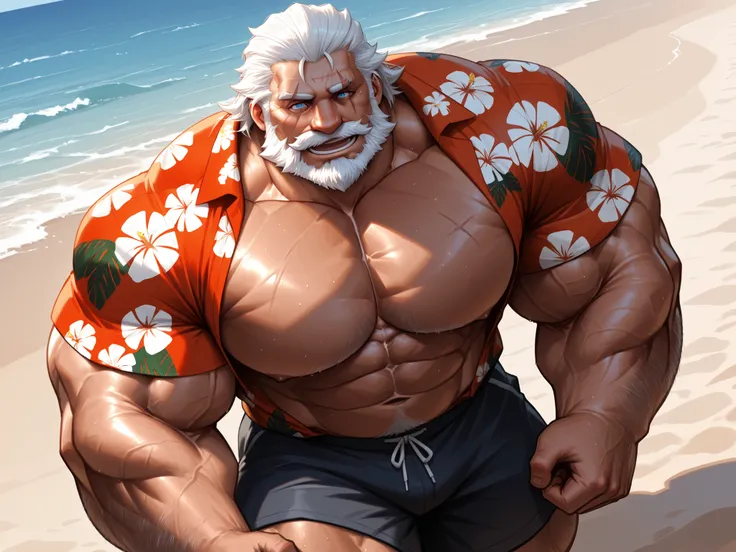 solo, huge muscular old man, beach, (reinhardt:1.2, SCAR ACROSS EYE, SCAR, BEARD, FACIAL HAIR, SCAR ON FACE, OLD MAN, WHITE HAIR, MUSTACHE), hawaiian shirt, happy, side chest, Stand slightly sideways, side angel, shirtless, very huge pectoral, shorts, deta...