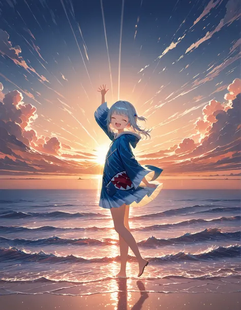 (fantasic illustrations),evening,sunset,beautiful ocean,dramatic lighting,backlit,1girl,solo,from side,looking at viewer,fullbody shot,(Gawr Gura),big smile,closed eyes,wide open mouth,waving at viewer,((masterpiece, best quality, extremely detailed, absur...