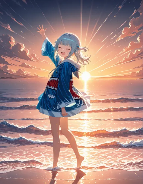 (fantasic illustrations),evening,sunset,beautiful ocean,dramatic lighting,backlit,1girl,solo,from side,looking at viewer,fullbody shot,(Gawr Gura),big smile,closed eyes,wide open mouth,waving at viewer,((masterpiece, best quality, extremely detailed, absur...