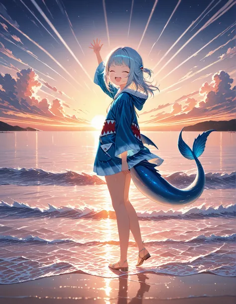 (fantasic illustrations),evening,sunset,beautiful ocean,dramatic lighting,backlit,1girl,solo,from side,looking at viewer,fullbody shot,(Gawr Gura),big smile,closed eyes,wide open mouth,tail fin,waving at viewer,((masterpiece, best quality, extremely detail...