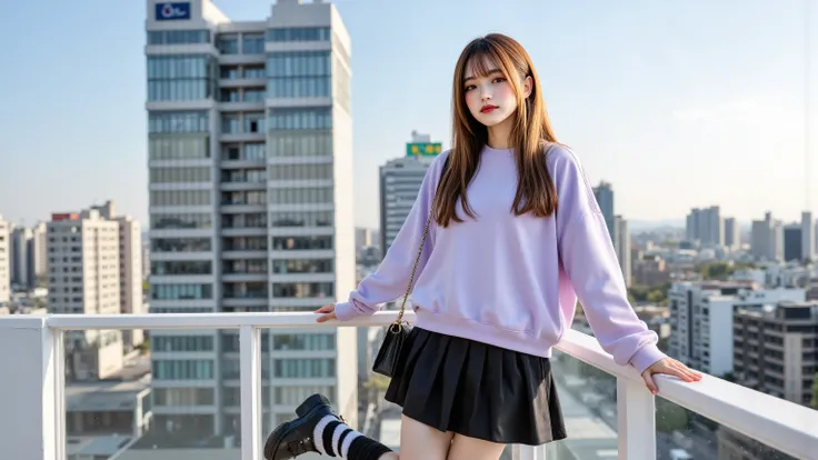 a stylish young woman standing confidently on a rooftop terrace in Seoul, placed on the left side of the frame, wearing an oversized lavender sweatshirt, a black mini skirt, striped socks, and chunky black platform loafers, with a small black crossbody bag...