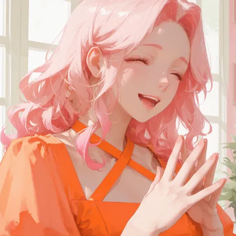 close shot, Girls' Front, focus on eyes, Beautiful detailed girl, short wavy hair, parted bangs, pale pink hair, gradient hair, super fucking beautiful, squinting, ^ ^, dhalter dress, steepled fingers, orange Clothes, cafe