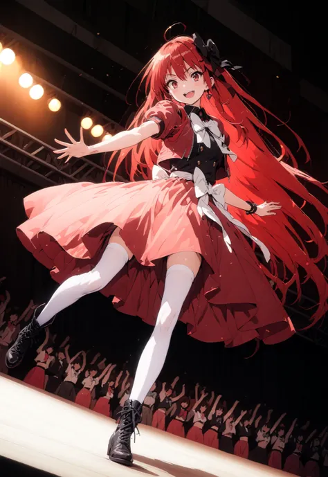  , very long hair, red hair, red eyes, stupid hair, small ,idol costume, dress,collared  dress,jacket,cropped jacket,Short sleeve,bowtie,bow,button, are on top of the decoration ,standing,Dancing,(white thigh knee-highs:1.2),boots,アイドルsingerがライブ ステージで熱狂的に歌...