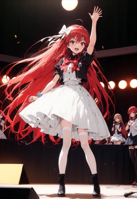  , very long hair, red hair, red eyes, stupid hair, small ,idol costume, dress,collared  dress,jacket,cropped jacket,Short sleeve,bowtie,bow,button, are on top of the decoration ,standing,Dancing,(white thigh knee-highs:1.2),boots,アイドルsingerがライブ ステージで熱狂的に歌...