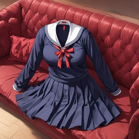 (invisible:1.5, no humans:1.5, headless:1.5, faceless:1.5), (sailor school uniform, long sleeve, on sofa:1.2), (big breast), detailed cloth texture, detailed anime, super fine illustration