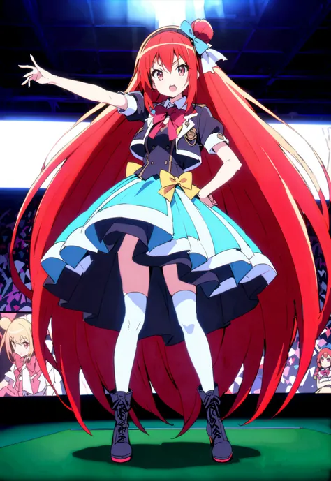  score_9, score_8_up, score_7_up, source_anime,Shana, very long hair, red hair, red eyes, stupid hair, small ,idol costume, dress,collared  dress,jacket,cropped jacket,Short sleeve,bowtie,bow,button, are on top of the decoration ,standing,Dancing,(white th...