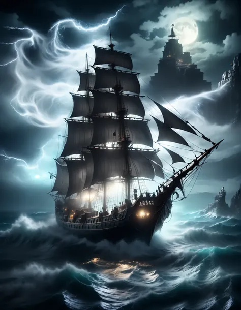((Best quality, 8k, Masterpiece: 1.3)), sparkle, glowing light, cinematic lighting, Ghost ship, sailing ship, rough seas, at sea, tattered sails, deserted ship, Storm, high winds, midnight, Background (Vengeful spirits in the dark night)
