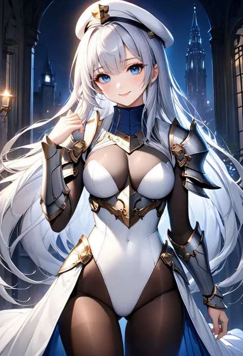 ((best quality)), ((masterpiece)), ((super realistic)), (solo), 1 girl, ((curvilinear)), ((Skin Dantation: 1.2)), perfect face, ((Azur Lane)), (( Armored Long Skirt Dress : 1.2)), ((Paladin Armor)), ((High Neck White Leotard that fits the skin perfectly: 1...
