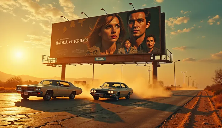 A cinematic neo-noir scene on a desolate city-edge road, a battered billboard for the hit movie "Hadda et Krimo" stands moments before being shattered by a speeding car. The heatwave creates shimmering distortions on the cracked asphalt. The chase begins i...