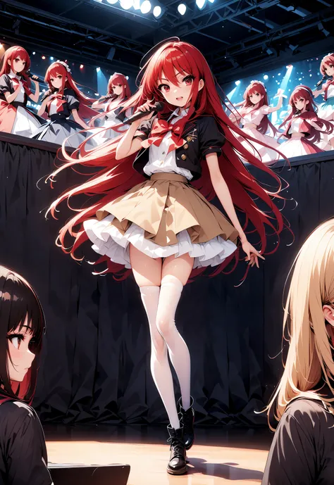  , very long hair, red hair, red eyes, stupid hair, small ,idol costume, dress,collared  dress,jacket,cropped jacket,Short sleeve,bowtie,bow,button, It's on top of the decoration ,standing,Dancing,(white thigh knee-highs:1.2),boots,アイドルsingerがライブ ステージで熱狂的に...