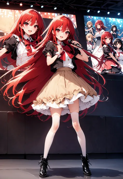  , very long hair, red hair, red eyes, stupid hair, small ,idol costume, dress,collared  dress,jacket,cropped jacket,Short sleeve,bowtie,bow,button, It's on top of the decoration ,standing,Dancing,(white thigh knee-highs:1.2),boots,アイドルsingerがライブ ステージで熱狂的に...