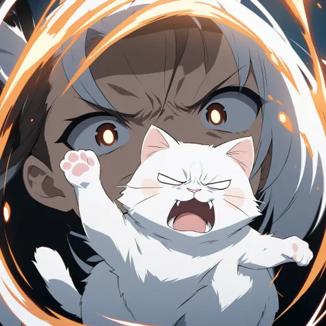 Anime-style illustration of a grumpy white cat,Anime-style illustration of waving one hand, (motion blur, Action Blur :0.5), Super Detail, absolute resolution, masterpiece, no background
