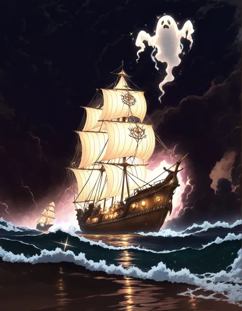 ((Best quality, 8k, Masterpiece: 1.3)), sparkle, glowing light, cinematic lighting, Ghost ship, sailing ship, rough seas, at sea, tattered sails, deserted ship, Storm, high winds, midnight, Background (Vengeful spirits in the dark night)