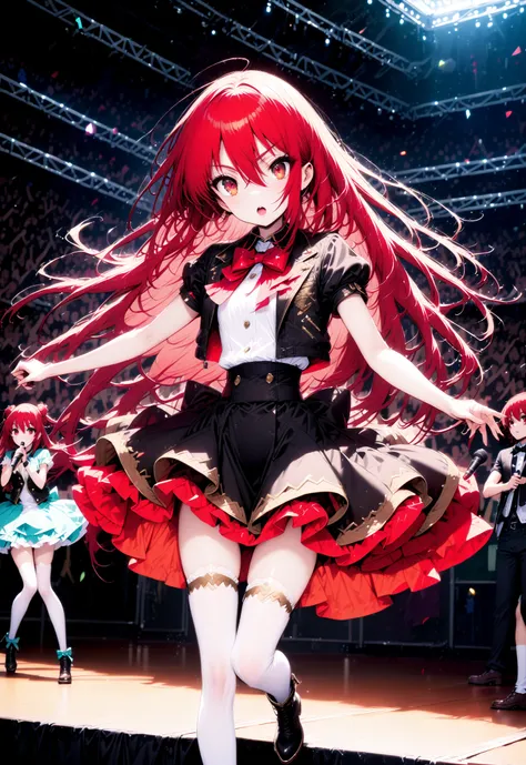 Shana , very long hair, red hair, red eyes, stupid hair, small ,idol costume, dress,collared  dress,jacket,cropped jacket,Short sleeve,bowtie,bow,button, It's on top of the decoration ,standing,Dancing,(white thigh knee-highs:1.2),boots,アイドルsingerがライブ ステージ...