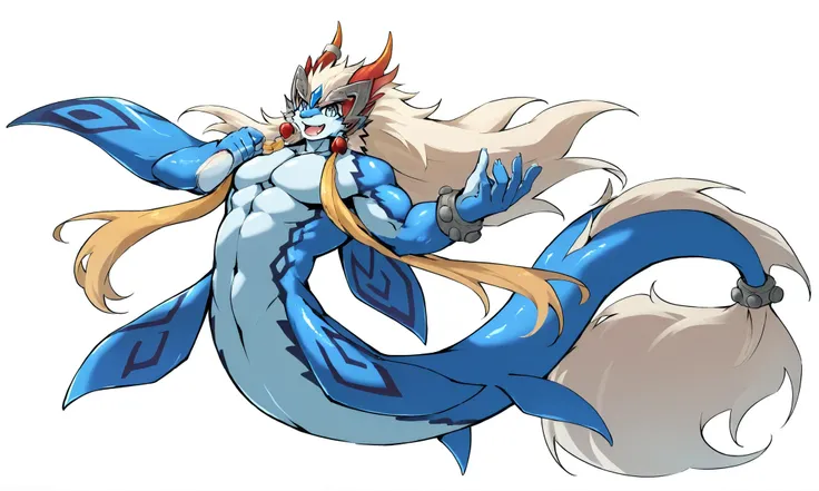 Shaorune, 1boy, solo, detailed eyes, detailed eyes, bewitching smile, looking at viwer, open mouth, heavy weight massive, wide pectral, long body, long tail, fins, no legs, glossy skin, full body, white background