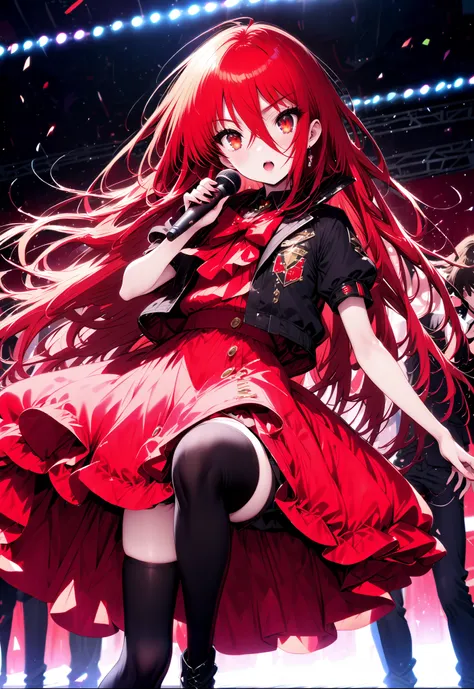Shana , very long hair, red hair, red eyes, stupid hair, small ,idol costume, dress,collared  dress,jacket,cropped jacket,Short sleeve,bowtie,bow,button, It's on top of the decoration ,standing,Dancing,(white thigh knee-highs:1.2),boots,アイドルsingerがライブ ステージ...