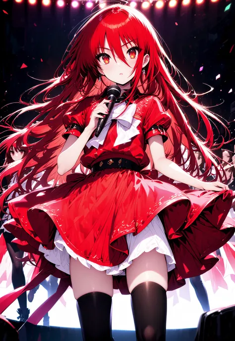 Shana , very long hair, red hair, red eyes, stupid hair, small ,idol costume, dress,collared  dress,jacket,cropped jacket,Short sleeve,bowtie,bow,button, It's on top of the decoration ,standing,Dancing,(white thigh knee-highs:1.2),boots,アイドルsingerがライブ ステージ...