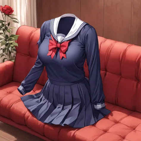 (invisible:1.5, no humans:1.5, headless:1.5, faceless:1.5), (sailor school uniform, long sleeve, futanari, on sofa:1.2), (big breast), detailed cloth texture, detailed anime, super fine illustration