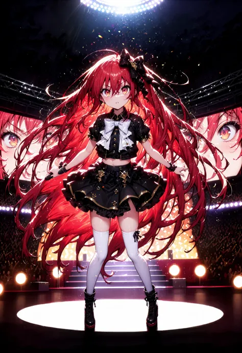 Shana , very long hair, red hair, red eyes, stupid hair, small ,idol costume, dress,collared dress,jacket,cropped jacket,Short sleeve,bowtie,bow,button, It's on top of the decoration ,standing,Dancing,(white thigh knee-highs:1.2),boots,アイドルsingerがライブ ステージ...