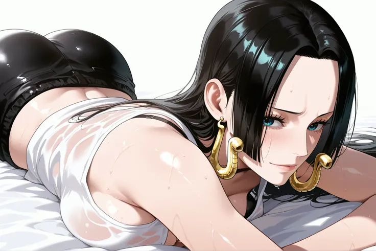 masterpiece, best quality, amazing quality, 1girl, (Boa Hancock, One Piece, Chainsaw man, blue eyes, black hair), wearing white tank top, wearing black bra, shy Face, close up shot, simple background, medium size , golden ratio face, sexy pose, Pinkish ski...
