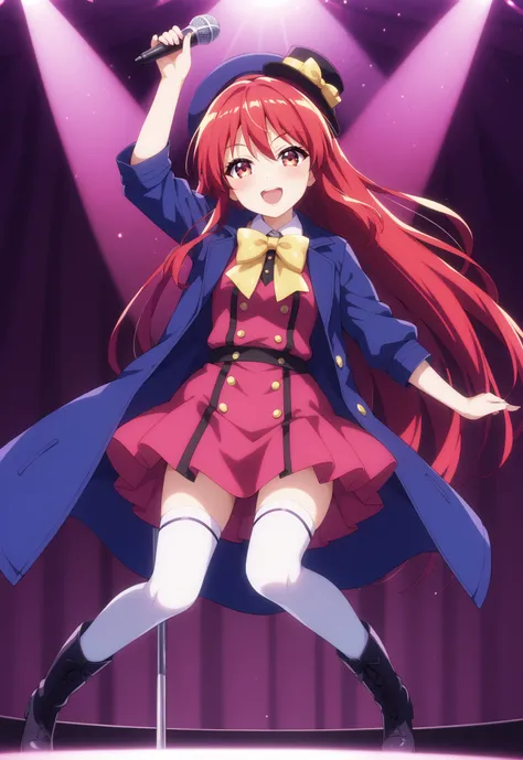 Shana , very long hair, red hair, red eyes, stupid hair,small, small ,smile,blush,open your mouth,idol costume, dress,collared dress,jacket,cropped jacket,Short sleeve,bowtie,bow,button, It's on top of the decoration ,standing,Dancing,(white thigh knee-hi...