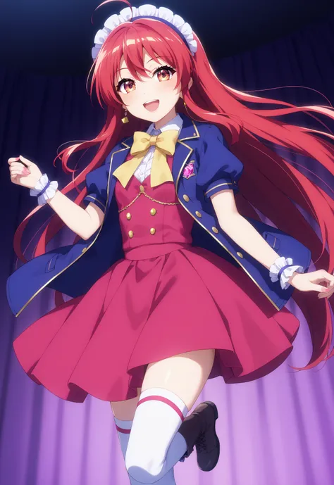 score_9, score_8_up, score_7_up, source_anime,,Shana , very long hair, red hair, red eyes, stupid hair,small, small ,smile,blush,open your mouth,idol costume,dress,collared dress,jacket,cropped jacket,Short sleeve,bowtie,bow,button,villages with,(white kne...