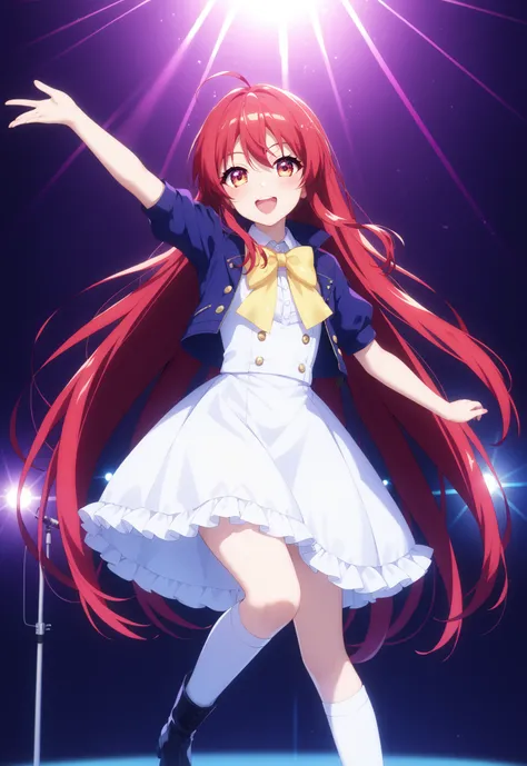 score_9, score_8_up, score_7_up, source_anime,,Shana , very long hair, red hair, red eyes, stupid hair,small, small ,smile,blush,open your mouth,idol costume,dress,collared dress,jacket,cropped jacket,Short sleeve,bowtie,bow,button,villages with,(white kne...