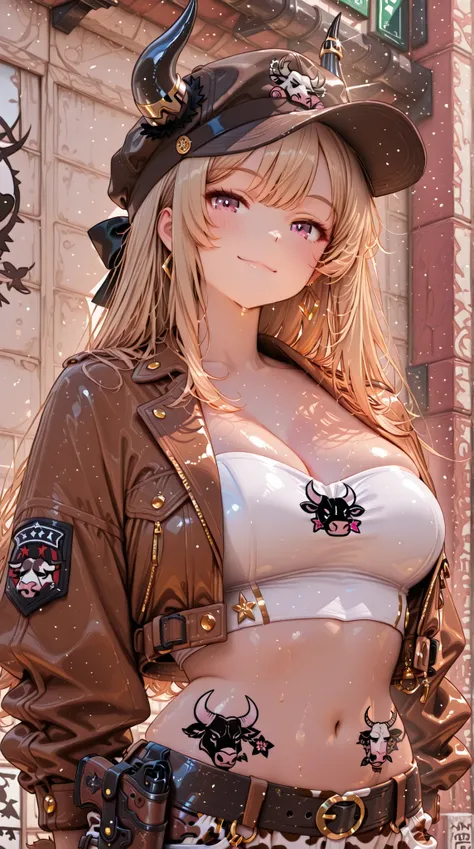 female, strapless bikini, crop top jacket, hat, smile, holster, Bull tattoo,