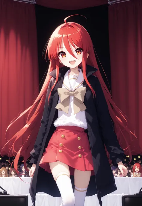 score_9, score_8_up, score_7_up, source_anime,,Shana , very long hair, red hair, red eyes, stupid hair,small, small ,smile,blush,open your mouth,idol costume,dress,collared dress,jacket,cropped jacket,Short sleeve,bowtie,bow,button,villages with,(white kne...