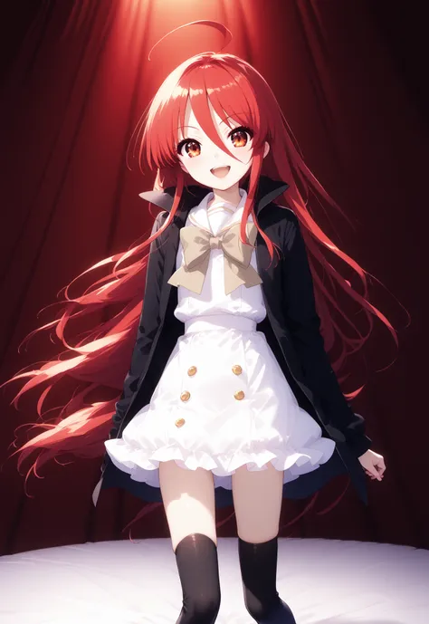 score_9, score_8_up, score_7_up, source_anime,,Shana , very long hair, red hair, red eyes, stupid hair,small, small ,smile,blush,open your mouth,idol costume,dress,collared dress,jacket,cropped jacket,Short sleeve,bowtie,bow,button,villages with,(white kne...