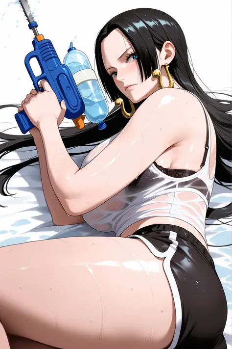 masterpiece, best quality, amazing quality, 1girl, (Boa Hancock, One Piece, Chainsaw man, blue eyes, black hair), wearing white tank top, wearing black bra, shy Face, close up shot, simple background, medium size , golden ratio face, sexy pose, Pinkish ski...