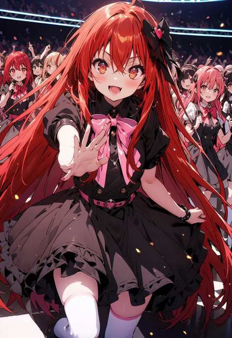 score_9, score_8_up, score_7_up, source_anime,,Shana , very long hair, red hair, red eyes, stupid hair,small, small ,smile,blush,open your mouth,idol costume,dress,collared dress,jacket,cropped jacket,Short sleeve,bowtie,bow,button,villages with,(white kne...