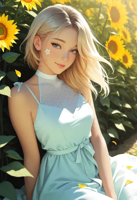 Realistic Gwen Stacy sitting gracefully in a vibrant summer garden, surrounded by blooming roses and towering sunflowers, wearing a light floral sundress gently flowing in the breeze, soft golden sunlight filtering through the leaves, detailed textures on ...