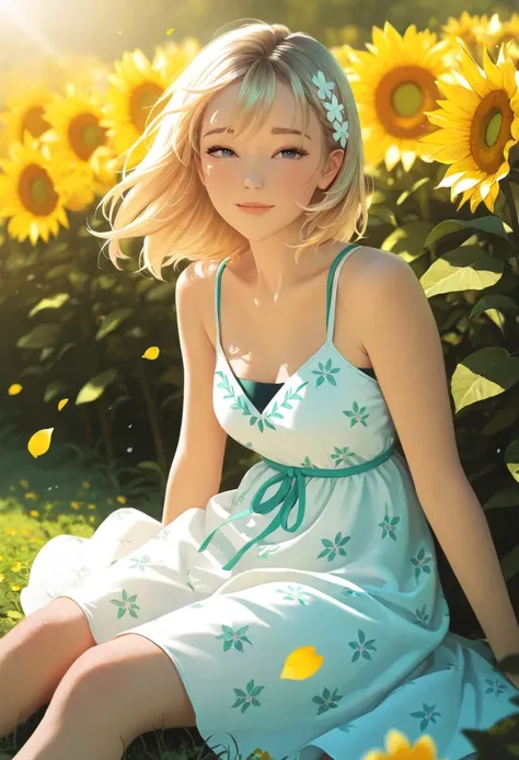 Realistic Gwen Stacy sitting gracefully in a vibrant summer garden, surrounded by blooming roses and towering sunflowers, wearing a light floral sundress gently flowing in the breeze, soft golden sunlight filtering through the leaves, detailed textures on ...