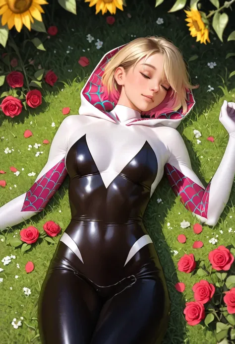 Realistic Gwen Stacy in her Spider-Woman (Spider-Gwen) costume, laying on her back in a lush green garden, soft grass beneath her, surrounded by blooming roses and tall sunflowers, her hood partially off revealing her blonde hair, sunlight casting soft hig...
