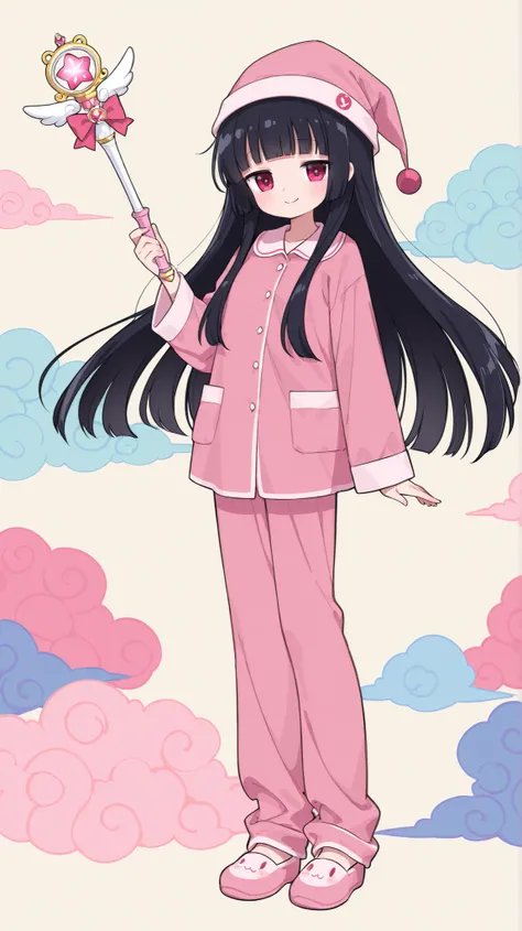 one girl。full body standing picture。Unkempt black hair bob hair、Long straight bangs。pink nightcap。wearing cute pink pajamas。eyes like Saki are pink。Magical Girl。cute pink long magic wand。smile、The background is colorful clouds 。Cool Poses。