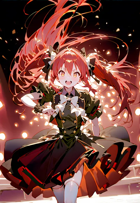 score_9, score_8_up, score_7_up, source_anime,,Shana , very long hair, red hair, red eyes, stupid hair,small, small ,smile,blush,open your mouth,idol costume,dress,collared dress,jacket,cropped jacket,Short sleeve,bowtie,bow,button,villages with,(white kne...