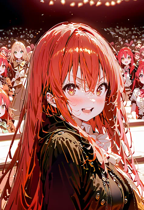 score_9, score_8_up, score_7_up, source_anime,,Shana , very long hair, red hair, red eyes, stupid hair,small, small ,smile,blush,open your mouth,idol costume,dress,collared dress,jacket,cropped jacket,Short sleeve,bowtie,bow,button,villages with,(white kne...
