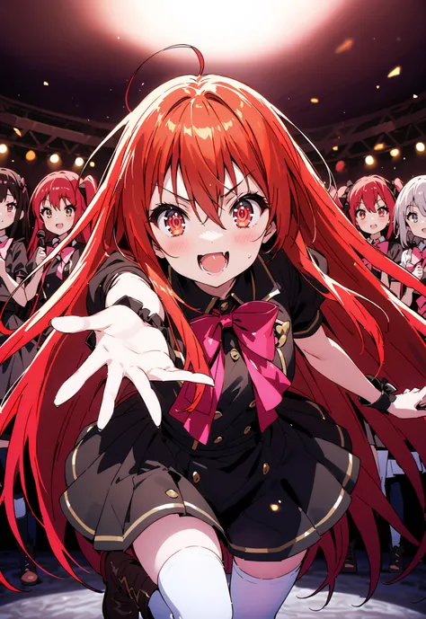 score_9, score_8_up, score_7_up, source_anime,,Shana , very long hair, red hair, red eyes, stupid hair,small, small ,smile,blush,open your mouth,idol costume,dress,collared dress,jacket,cropped jacket,Short sleeve,bowtie,bow,button,villages with,(white kne...
