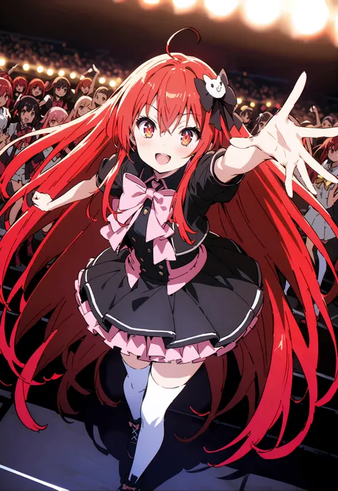 score_9, score_8_up, score_7_up, source_anime,,Shana , very long hair, red hair, red eyes, stupid hair,small, small ,smile,blush,open your mouth,idol costume,dress,collared dress,jacket,cropped jacket,Short sleeve,bowtie,bow,button,villages with,(white kne...