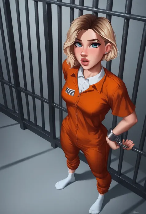 score_9, score_8_up,score_7_up, score_6_up, score_5_up, score_4_up, Prison,, solo, prison cell ,spiderg, gwen stacy, blondehair,small breasts, orange Jumpsuit, inmate, prison clothes, prison shirt), prison pants, loose clothes, loose clothes,, cowboy shot,...