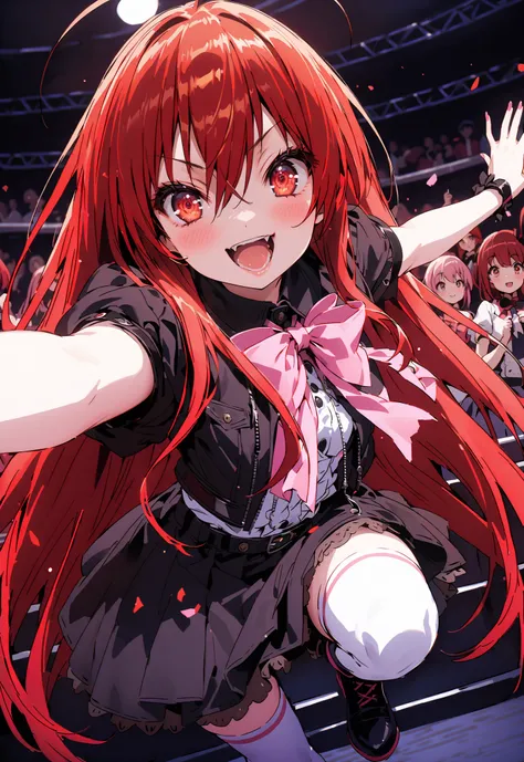 score_9, score_8_up, score_7_up, source_anime,,Shana , very long hair, red hair, red eyes, stupid hair,small, small ,smile,blush,open your mouth,idol costume,dress,collared dress,jacket,cropped jacket,Short sleeve,bowtie,bow,button,villages with,(white kne...