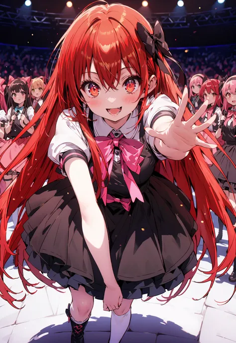 score_9, score_8_up, score_7_up, source_anime,,Shana , very long hair, red hair, red eyes, stupid hair,small, small ,smile,blush,open your mouth,idol costume,dress,collared dress,jacket,cropped jacket,Short sleeve,bowtie,bow,button,villages with,(white kne...