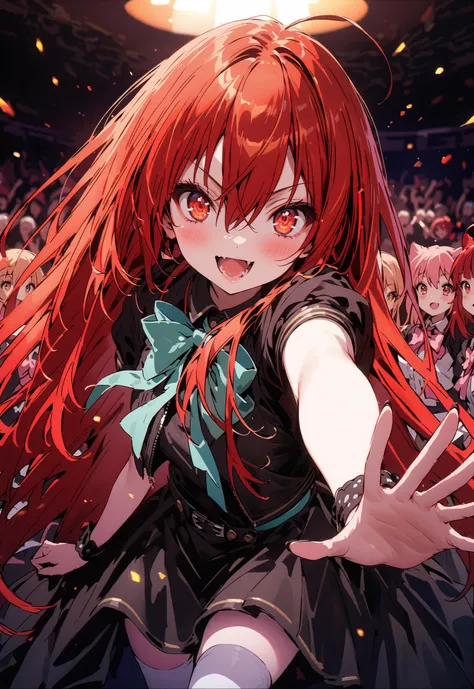 score_9, score_8_up, score_7_up, source_anime,,Shana , very long hair, red hair, red eyes, stupid hair,small, small ,smile,blush,open your mouth,idol costume,dress,collared dress,jacket,cropped jacket,Short sleeve,bowtie,bow,button,villages with,(white kne...